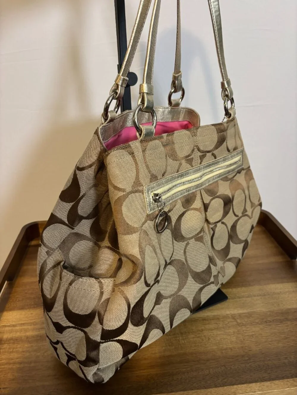Coach Gabby Signature Khaki Metallic Gold XL Tote